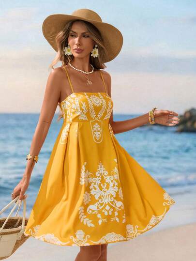 Sylviya Vestido casual de mujer con estampado floral y tirantes, para vacaciones