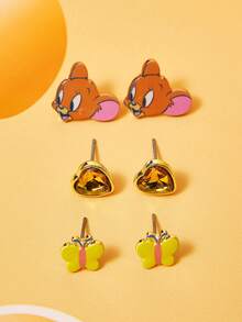 TOM & JERRY X SHEIN 1 Set Zinc Alloy Cartoon Pattern Rhinestone Stud Earrings, Simple & Elegant, Suitable For Party, Concert, Festival - Gold - View 1