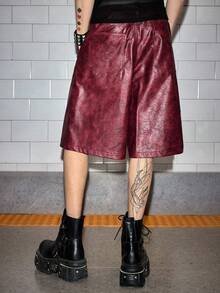 ROMWE MEN Street Life 男士休闲时尚街头宽松阔腿百慕大短裤，PU皮革材质 - 酒紅色 - 查看 3