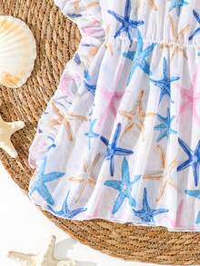 Vestido de playa con volantes y estampado aleatorio de estrella de mar para niñas pequeñas - Multicolor - Ver 6