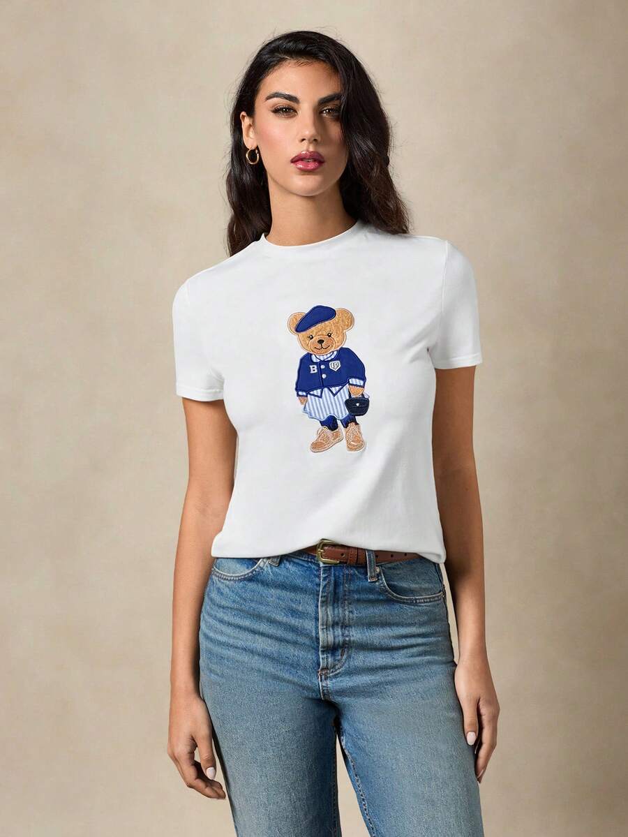 Briarwyn 2026 New Arrive Women's Casual Cartoon Bear Embroidered Round Neck Short Sleeve T-Shirt, Summer For Women, Valentines For Women, Beach, Going Out Top, Graphic Tee Women - White - View 1