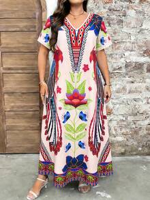 EMERY ROSE Plus Size Women's Printed Round Neck Short Sleeve Dress, Elegant And Suitable For Everyday Wear - Multicolor - View 5
