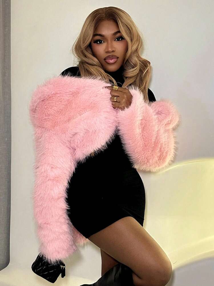 Mariisbox Women's Solid Color Rabbit Ear Hoodie Jacket, Sexy & Avant-Garde Faux Fur Rabbit Ear Coat, Sweet Y2K Fluffy Outerwear In Fall/Winter - Pink - View 2