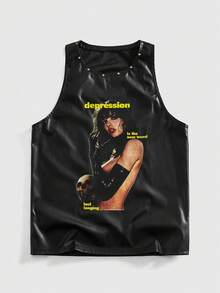 ROMWE MEN Street Life Men's Street Fashion PU Rivet Portrait Tank Top - Black - View 1