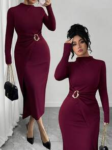 Elenzga Vestido ajustado elegante de unicolor con decoración metálica, talla grande, otoño - Burdeos - Ver 1