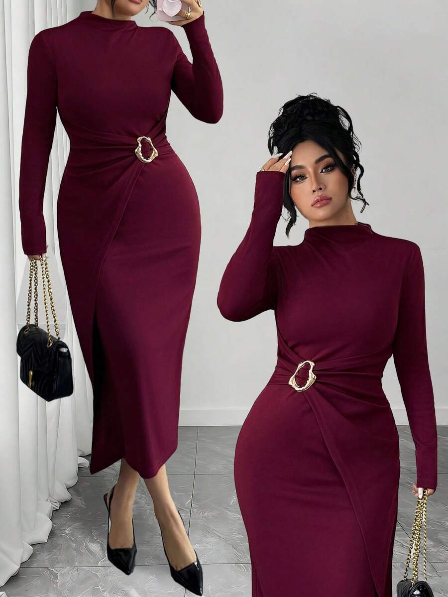 Elenzga Vestido ajustado elegante de unicolor con decoración metálica, talla grande, otoño - Burdeos - Ver 1
