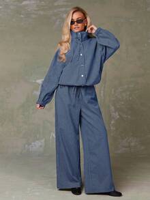 Athîral 女士休闲格子拉链立领落肩外套，秋季款 - 寶藍色 - 查看 4