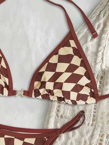Swim Mod Springbreak Women 2pcs Checkerboard Print Sexy Halter Bikini Set - Multicolor - View 4