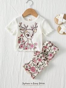 Cozy Pixies 2件套女婴卡通动物印花针织柔软圆领短袖上衣和松紧腰裤套装 - 白色 - 查看 1