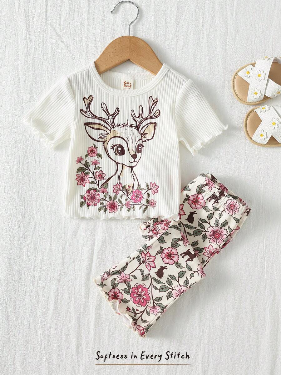 Cozy Pixies 2件套女婴卡通动物印花针织柔软圆领短袖上衣和松紧腰裤套装 - 白色 - 查看 1