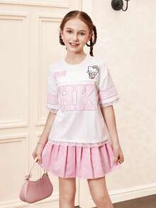 HELLO KITTY AND FRIENDS | SHEIN 少女字母卡通印花圆领短袖休闲T恤 - 白色 - 查看 8