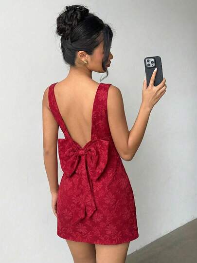 Aloruh This Red, Sleeveless, Backless, Fitted Mini Dress With A Ruffled Hem And A Large Lapel Is Perfect For A Romantic Valentine's Day Date. The Romantic Bow Embellishment Makes It Suitable For Women, As Well As Spring Break, Valentine's Day, The Beach, Summer Vacations, Wedding Parties, Wedding Guests, Birthdays, And Other Occasions.
