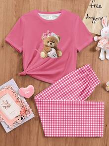 Cute Bear Plaid Pattern, Tween Girl Casual Minimalist Round Neck Short Sleeve T-Shirt And Loose Pants Loungewear, Suitable For Spring/Summer - Multicolor - View 3