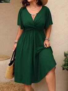 SHEIN Clasi Đầm midi dáng chữ A cổ chữ V, chất liệu dệt kim họa tiết, xếp ly, xoắn eo, kiểu dây xích dành cho nữ cỡ lớn mùa xuân/hè. - màu xanh lá - Xem 8