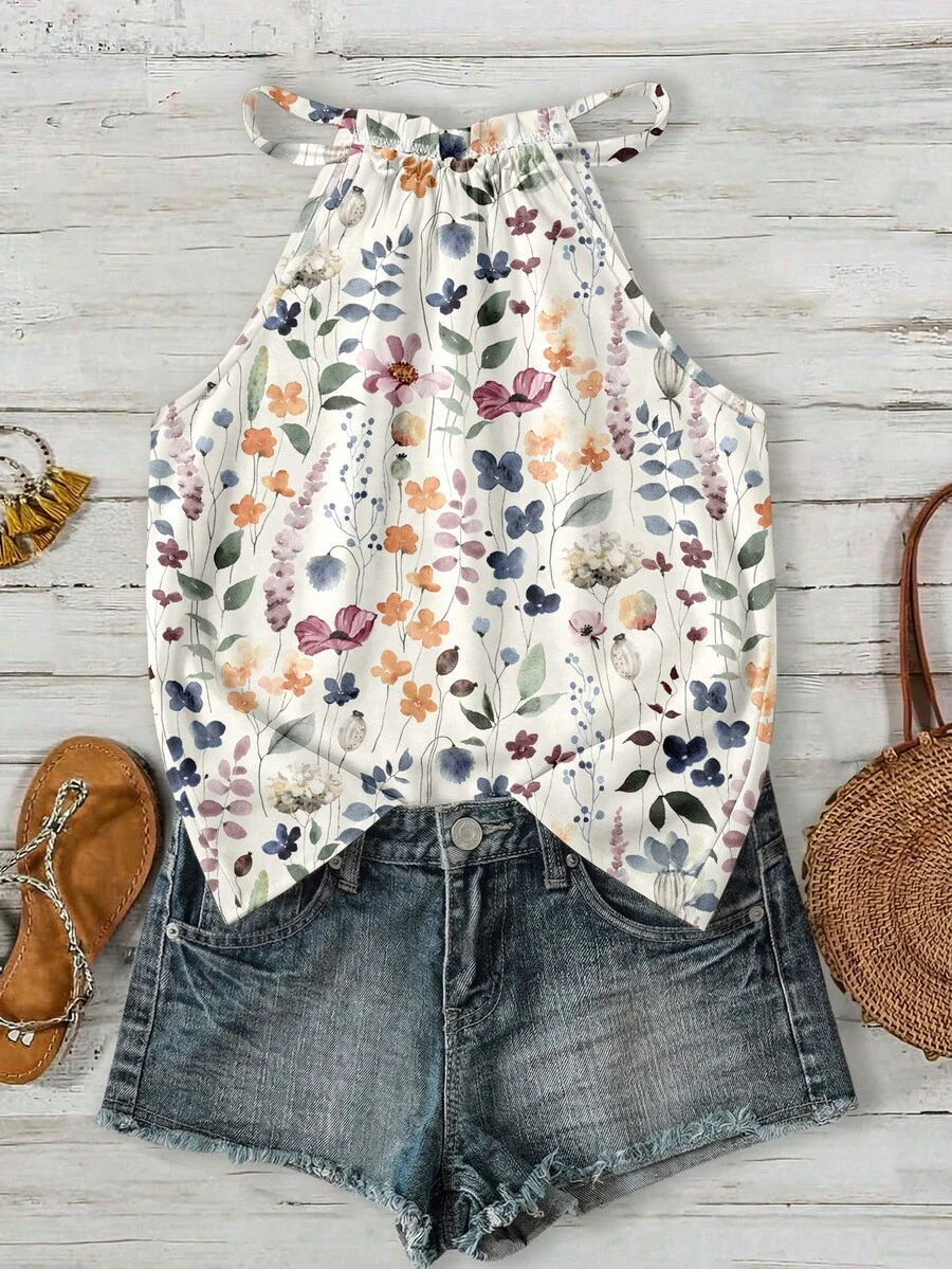 EMERY ROSE White Elegant Floral Print Camisole,Summer Boho Vacation Holiday Bohemian-Style Top For Beach,Cruise,Music Festival,Concert,Wedding Guest,Travel - Multicolor - View 1