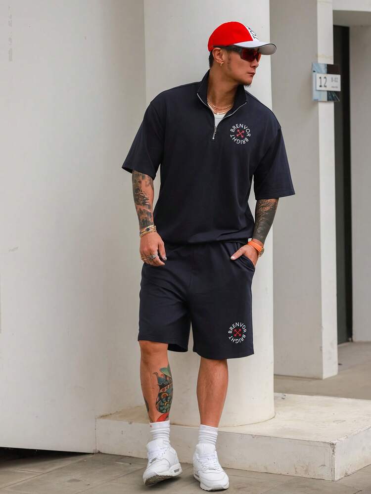 Navy Blue Long Sleeve Shirt And Shorts Set For Men, Spring/Summer