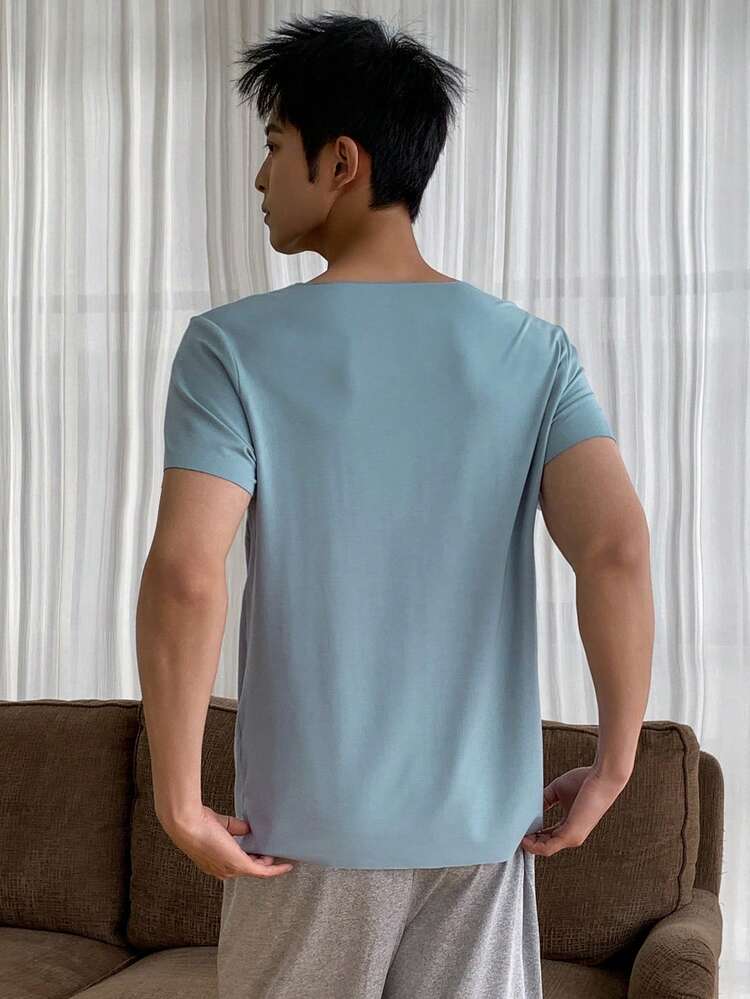 Men's Solid Blue Round Neck Loungewear Top, Summer