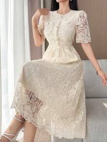 DAZY 女士优雅蕾丝口袋圆领泡泡袖中长连衣裙，夏季婚礼宾客礼服 - 杏色 - 查看 6