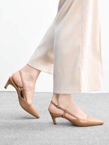 CUCCOO BIZCHIC 女士鞋履春秋新款尖头中跟杏色后系带露跟高跟鞋，简约通勤日常百搭工作鞋 - 杏色 - 查看 3