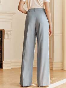 Anewsta 春季新款女士蓝色长裤，时尚休闲喇叭裤，口袋撞色侧缝荷叶边裤脚 - 藍色 - 查看 2