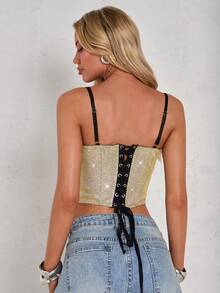 Glamine 性感亮面拼接文胸罩杯镂空钢圈鱼骨下摆弧形肩带女士背心 - 香檳色 - 查看 2