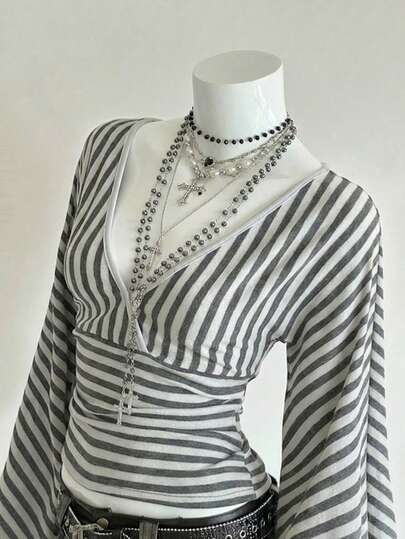 EgrlEra Women's Sexy Baddie Minimalist Striped Fabric Deep V-Neck T-Shirt