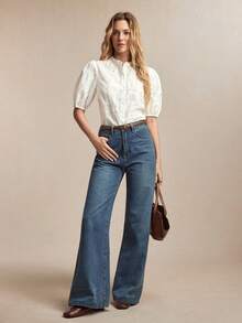 BizChic 新款春夏白色圆领荷叶边领前襟纽扣镂空刺绣花瓣袖休闲简约百搭衬衫 - 白色 - 查看 4