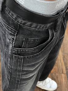 StreetHx 女士纯色斜插口袋休闲百搭阔腿牛仔裤 - 深灰色 - 查看 7