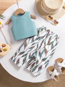 SHEIN Babygirl Vacation Casual Cute Knit Vest Leaf Print Pants Set - Green - View 1