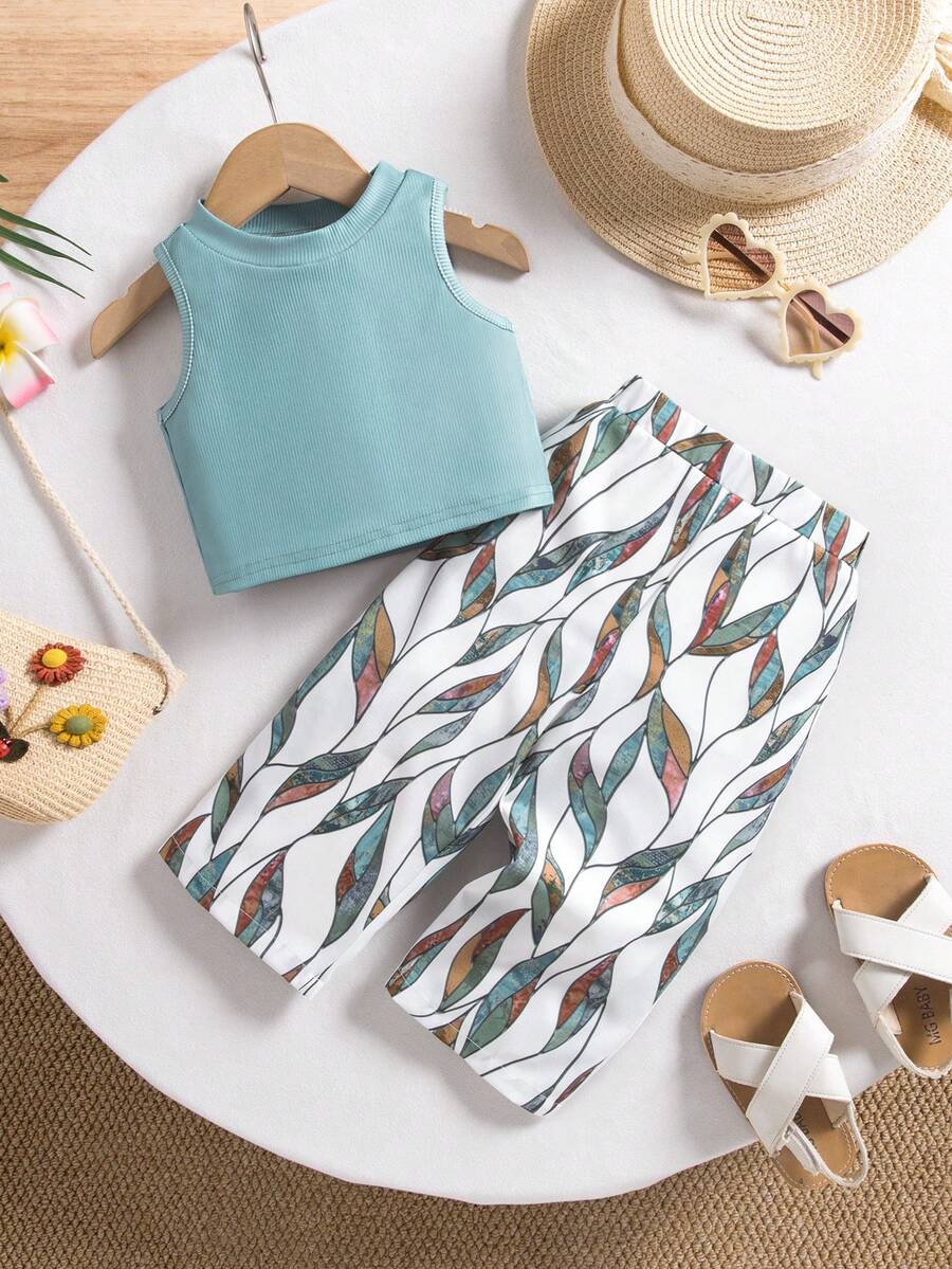 SHEIN Babygirl Vacation Casual Cute Knit Vest Leaf Print Pants Set - Green - View 1