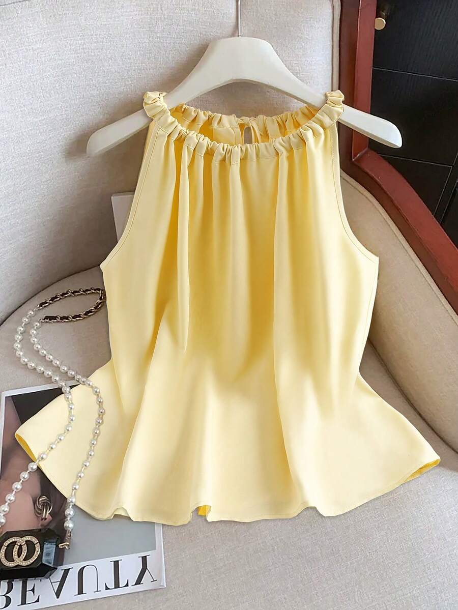 GlowEve Women's Yellow Fabric Collar Twist Drawstring Tank Top - Yellow - View 1