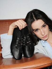 New Women Casual Leather Suede Ballet Flats, Black Lace Up Ballet Shoes, Autumn Winter - Black - View 2