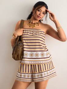 Freevana Bộ đồ cỡ lớn kiểu Bohemian gồm áo quây kẻ sọc nâu và quần short ống rộng, trang phục mùa hè thoải mái theo phong cách cổ điển dành cho nữ. - màu nâu - Xem 4