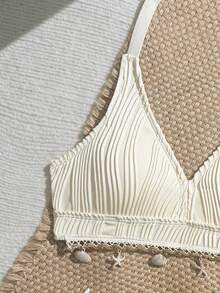 Girls Halter Neck Bikini Top,White,Summer,Cute,Sequin,Beach,Holiday,Boho Pleated Fabric Beige Simple Solid Shell Decor Hem Woven Patchwork For Teens - Multicolor - View 4