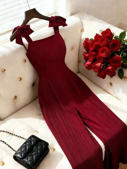 GlowEve New Women's Spaghetti Strap Bow Design Woven Textured Fabric Jumpsuit, Elegant & Versatile For Work, Vacation, Suitable For Valentine's Day