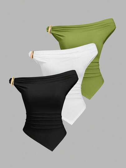 Sweetra Conjunto de 3 piezas de moda europea y americana para mujer en unicolor, con decoración metálica, dobladillo retorcido y dobladillo asimétrico, camiseta casual y versátil para uso diario