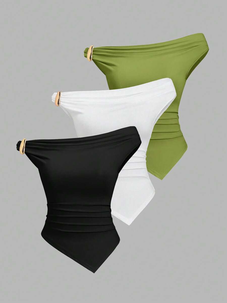 Sweetra 女士夏季欧美时尚纯色三件套，金属装饰扭结下摆不对称下摆修身休闲通勤百搭T恤 - 彩色 - 查看 1