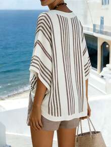 SHEIN Holidaya 2026 Spring/Summer New Relaxed White & Brown Striped Batwing Cover Up And Light Brown Shorts, Lazy Beach Vacation Spring/Summer Fashionable And Versatile Casual Loose-Fitting Short-Sleeved Khaki Striped T-Shirt And Shorts; V-Neck Casual Outing Top And Solid Color Shorts Summer Outfits For Women  Spring Clothes Women Spring Break Outfits Spring Outfit Beach Outfits For Women Beach Shorts Beach Outfits Beach Pants  Going Out Tops For Women Vacation Outfits Women Holiday Outfits For Women Summer Ho - Khaki - View 2