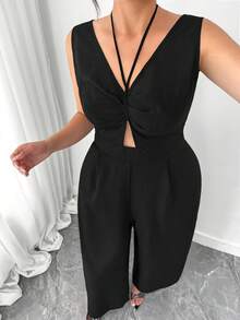 Elenzga Bộ jumpsuit đen không tay cổ chữ V khoét rỗng, cạp cao ống rộng dáng suông, phong cách thường ngày năng động, thanh lịch, phù hợp với xu hướng đô thị. - màu đen - Xem 4