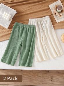 SHEIN 2pcs/Set Baby Girls' Casual Lightweight Long Pants, Green + Beige - Multicolor - View 4