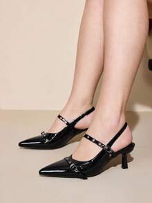 CUCCOO CURVES Tacones altos de moda versátiles de uso diario con diseño de hebilla y punta puntiaguda, de ajuste ancho para mujeres - Negro - Ver 4