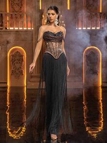 Glamrae Robe élégante et luxueuse en maille élastique avec blocs de couleurs noirs et perles de champagne, ornée de sequins et de perles pendantes aux manches, décolleté plongeant, décoration de franges à la taille. Convient pour les rendez-vous, les vacances, les soirées célibataires, les mariages, les galas d'affaires, les robes de soirée pour femmes. - Noir - Voir 5