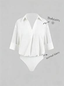 EMERY ROSE 白色V领荷叶边连体衣/简约休闲连体衣/百搭日常装 - 白色 - 查看 4