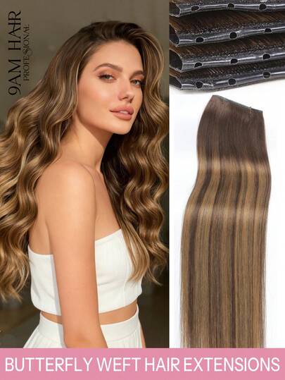 9AM HAIR 蝴蝶结发片，真人发，无胶 OVO PU 孔，手工编织，隐形 DIY 双层发片，直发，1 片装，16 英寸