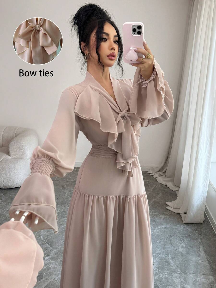 Modelyn Women's Ruffle Hem Long Dress With Unique Design - Dusty Pink - View 1