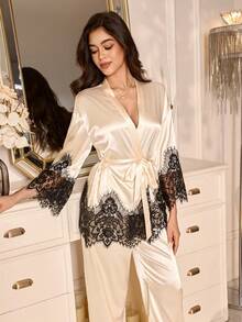 SHEIN 2pcs Women Elegant Satin Long Sleeve Pajama Set With Lace Trim, Suitable For All Seasons - Champagne - View 6