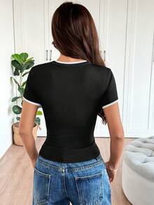 Almamuse Áo thun nữ dáng ôm, đa năng, màu trơn, chất liệu vải gân, cổ tròn, tay ngắn, kiểu dáng cơ bản, áo tay ngắn nữ màu đen, áo thun ôm sát nữ, áo thun cơ bản nữ. - màu đen - Xem 2