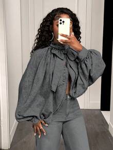 BamGleam 女士休闲牛仔衬衫 - 灰色 - 查看 3