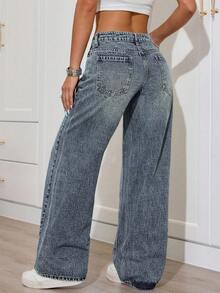 SHEIN PETITE Women's Casual Everyday Washed Slant Pocket Straight Leg Jeans - Blue - View 2