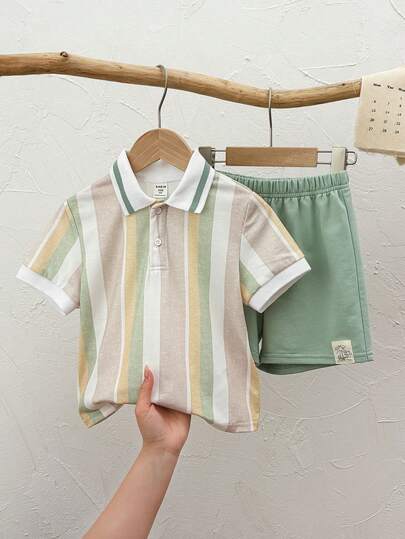 2pcs/Set Young Boy Casual Vacation Green Striped Short Sleeve Polo Shirt And Shorts Set, Young Boy Spring/Summer Outfits